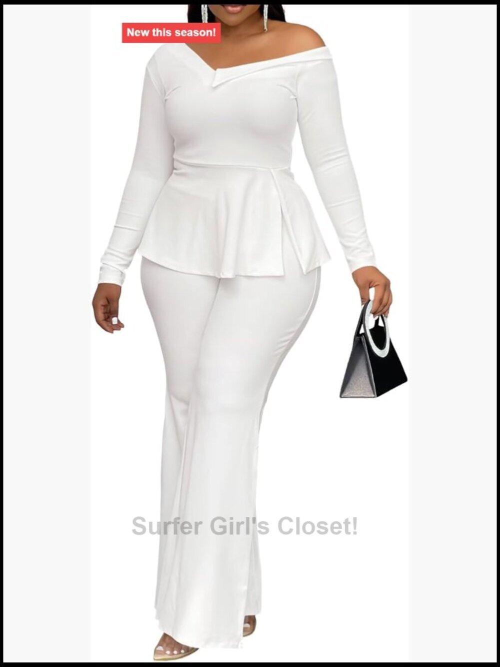 Off Shoulder Long Sleeve Peplum Top and Flare Pant Suit Set